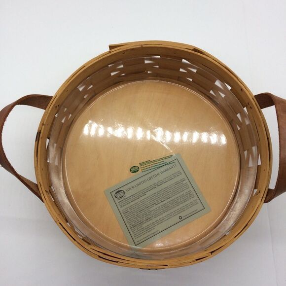 Peterboro Woven Wooden Round Basket w/Leather Handles Plastic Insert for Serving - Picture 2 of 12